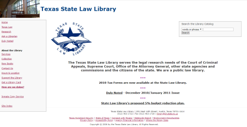 A screen capture of the homepage of the Law Library website on February 19, 2011, showing the addition of increased navigation options and a search toolbar.